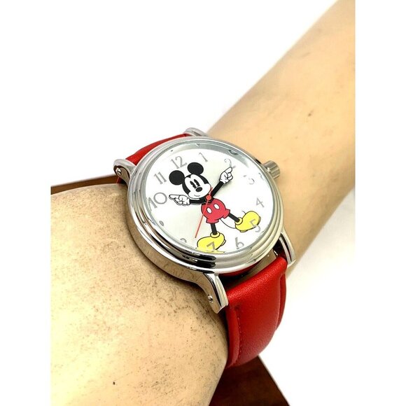 Disney Mickey Mouse Women's Watch Silver Tone Case 38mm Red Leather Band… - Picture 6 of 14